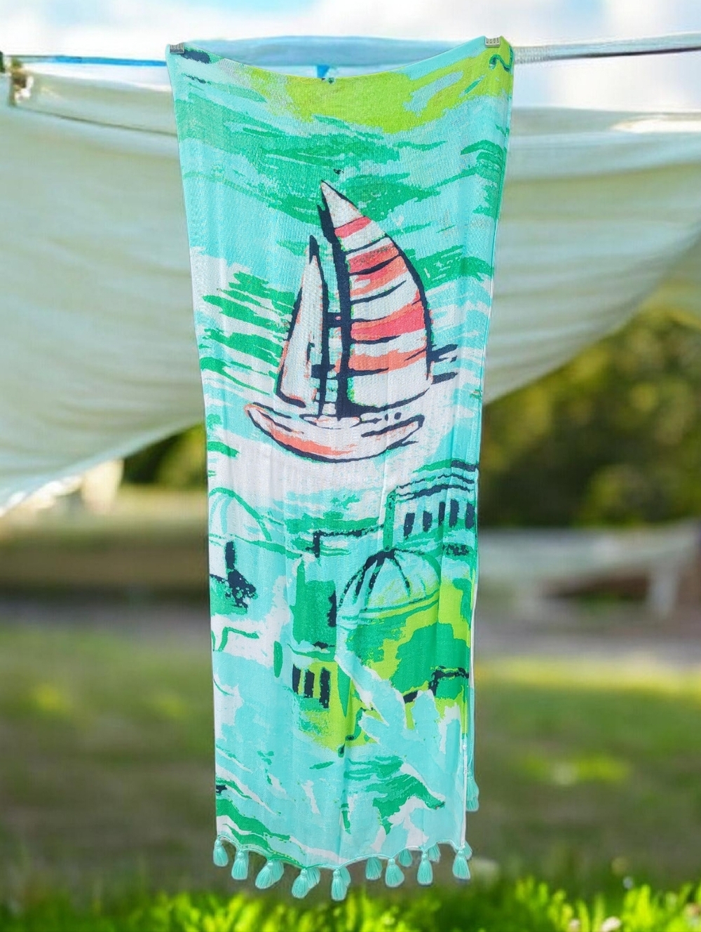 Turquoise Green Sailboat Print Beach Scarf Wrap with Tassels